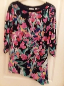 SUSAN GRAVER Multi-Color Asymmetrical Floral Polyester/Spandex 3/4 Sleeves Top S - Picture 1 of 3