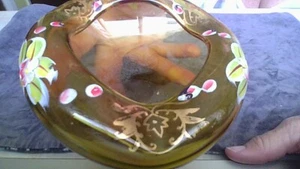 VTG Czech Bohemian Amber Art Glass Ashtray Hand Painted Flower Gold Gild Accents - Picture 1 of 24