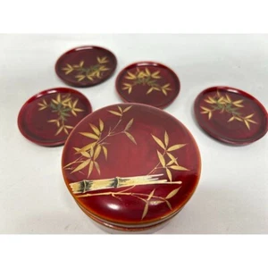 Vintage Japanese Lacquerware Coasters In Holder - Picture 1 of 5