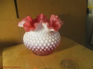 Vintage Fenton Cranberry Hobnail Opalescent Rose Bowl Vase 5 1/4" RUFFLED - Picture 1 of 4