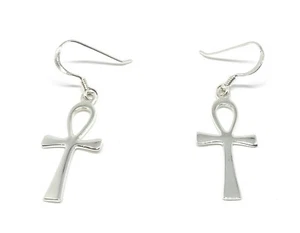 925 Sterling Silver Egyptian Ankh Cross Drop Earrings, Represent Key of Life - Picture 1 of 1