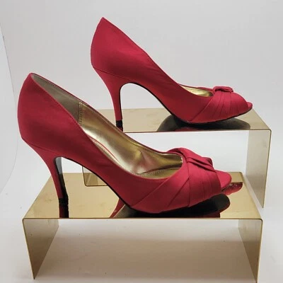 The Touch of Nina Red Satin Peep Toe 3" heel Pumps wrap Toes sz 6.5M - Image 1 of 4