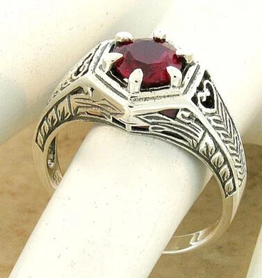 DECO ANTIQUE STYLE 925 STERLING SILVER LAB-CREATED RUBY FILIGREE RING      #1094 - Image 1 of 3