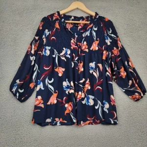 A New Approach Top Women Large Navy Floral Chiffon Smocked Tasseled Flowy Shirt - Picture 1 of 13