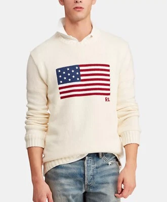 NUEVO CON ETIQUETAS Polo Ralph Lauren Crema ICÓNICO BANDERA AMERICANA Tejido Cuello Redondo Suéter Foto 1 de 4
