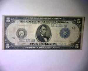 1914 $5 FEDERAL RESERVE NOTE🌟CHICAGO, ILL.🌟 LARGE7 G🌟 HIGHER GRADE 🌟 - Picture 1 of 6