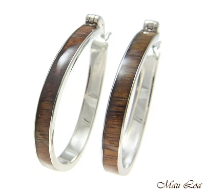 Pendiente de cierre rápido aro ovalado de latón chapado en rodio hawaiano de madera Koa 31x41 mm Foto 1 de 4