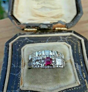 1890's Retro Vintage 2.00 Ct Ruby & CZ Art Deco Wedding Ring Set in 925 Silver - Picture 1 of 9