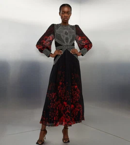 Brandneu mit Etikett Karen Millen Tall verziertes langärmliges gewebtes Midikleid rot Gr.10 UVP 299 £ - Bild 1 von 6