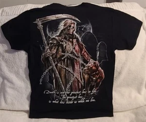 GRIM REAPER PITBULL DOG CHAINS SCYTHE MOON GRAVESTONE T-SHIRT - Picture 1 of 4