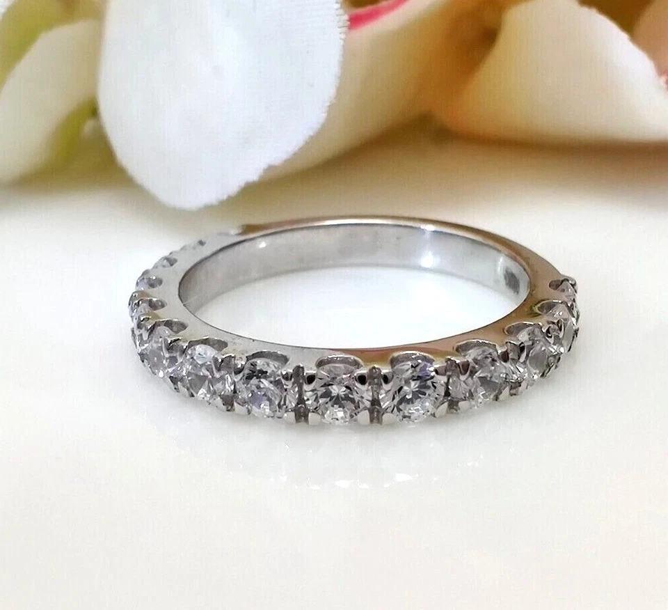 2.50 MM Colorless Round Cut CZ Half Eternity Ring Band 14K Solid White Gold Band - Image 1 of 4