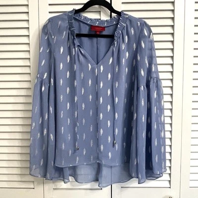 JENNIFER LOPEZ Sky Blue & Silver Blouse Bell Sleeves Tie Front Chiffon Boho Sz S - Image 1 of 4