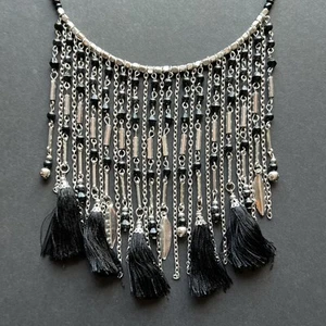 Fringe Necklace Silver Tone & Black Beaded Feathered Tassel Statement - Picture 1 of 9