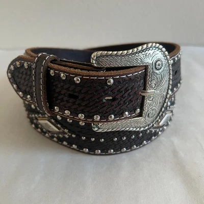Cinturón de cuero occidental Nocona Belt Co para mujer talla 36 L marrón plata conchos vaquera Foto 1 de 4