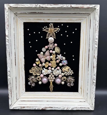 VTG Costume Jewelry Christmas Tree Framed Art Wall Décor Velvet Pink Gold Ivory - Image 1 of 4