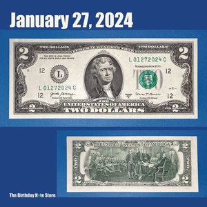 January 27, 2024 Birthday Anniversary $2 Two Dollar Bill Serial Number 01272024 - Picture 1 of 2