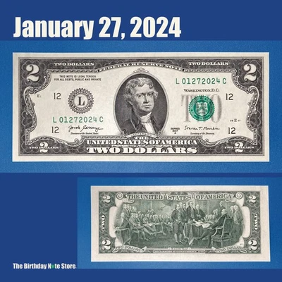 January 27, 2024 Birthday Anniversary $2 Two Dollar Bill Serial Number 01272024 - Image 1 of 2
