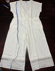 VENUS White Soft Knit Lace Trim Capri Cropped Jumpsuit Drawstring Waist Size XL - Picture 1 of 9