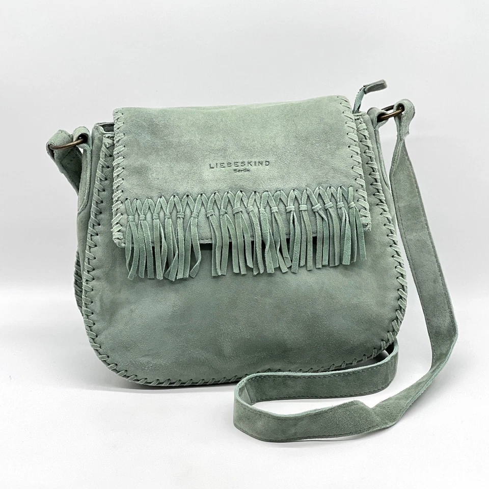 LIEBESKIND BERLIN Lennja Laced Saddle Crossbody Bag Green Suede Fringe Womens - Image 1 of 4