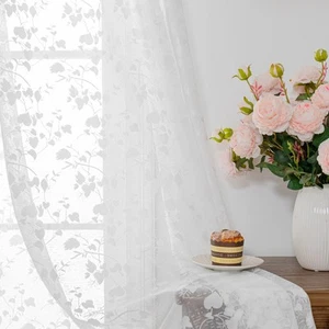 White Lace Sheer Curtains 84 inch Length for Bedroom, Premium Leaf Floral Pat... - Picture 1 of 8
