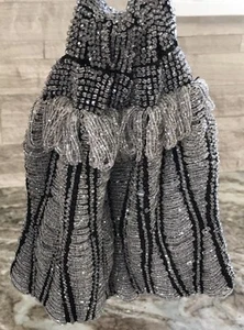 Antique Beaded purse Drawstring Micro bead handbag glass Vintage black silver - Picture 1 of 14
