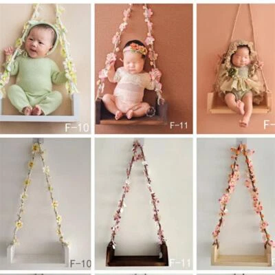Newborn Photography Props Baby Kids Wood Swing Board Flower Studio Photo Shoot - Image 1 of 4