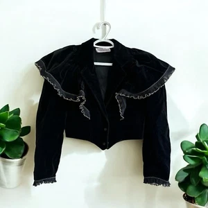 Vtg RoccoBarocco Women's 40 Ruffled Bolero Long Sleeve Black Gold Velvet Jacket - Picture 1 of 13