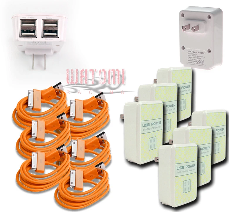 6X 4 USB PORT POWER ADAPTER+3FT CABLE CHARGER DATA ORANGE IPHONE IPOD NANO IPAD - Image 1 of 1