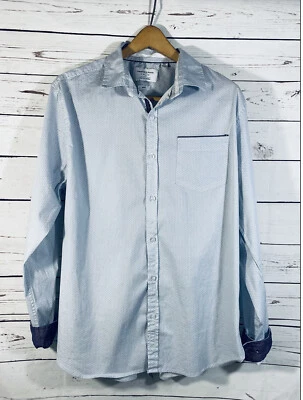 Camisa de mezclilla y tela de papel para hombre talla grande azul estampado abotonada tela elástica Foto 1 de 4