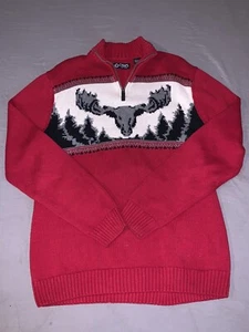Chaps Sweater Large Red Beige Black Mens Knitted Pullover 1/4 Zip Buck Design - Picture 1 of 7