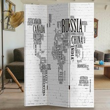 Paravento Separe 3 Pannelli Con Stampa Fronte Retro Mappamondo Scritte Divisorio