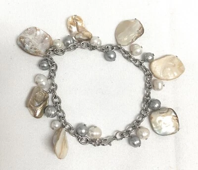 Mother of Pearl Shell & Fresh Water Pearls Cha Cha Bracelet Silver Tone Chain - Image 1 of 3