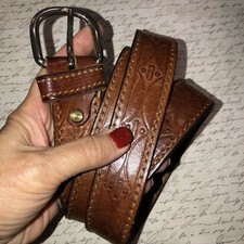  Brown Leather Belt Mens Size 40-44" Made in Italy Stamped Design Stitching VGC