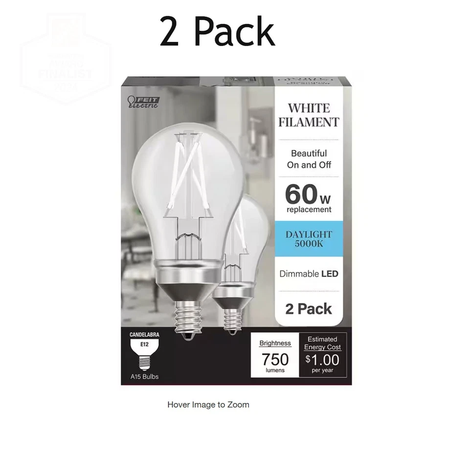 2 Feit Candelabra E12 LED Light Bulbs Dimmable White A1560C950CAWFILHDRP2 - Image 1 of 1
