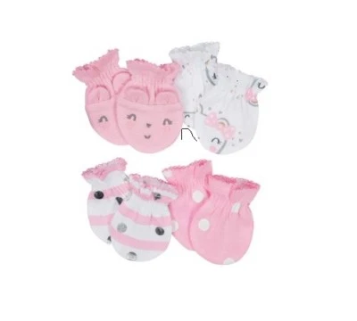 Paquete de 4 guantes de algodón orgánico Gerber para bebé niña rosa conejito talla 0-3M Foto 1 de 3