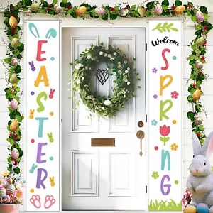 Easter Spring Decorations Colorful Bunnies Flowers Door Banner Porch Sign 12x72" - Picture 1 of 12