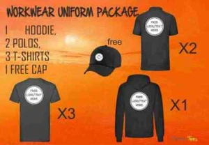 Workwear Package 1 Hoodie + 2 Polos + 3 T-Shirts Logo Custom Printed Uniform - Picture 1 of 7