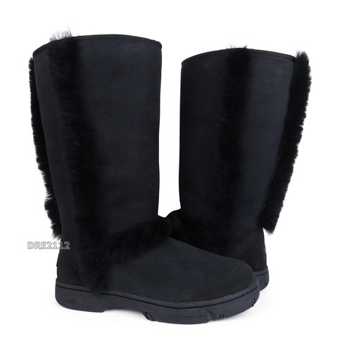 Stivali UGG Sunburst alti neri in pelliccia scamosciata taglia 8 NUOVI 