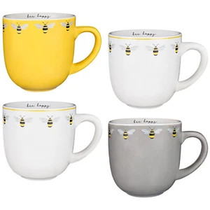 Set of 4 Bee Happy Printed Mugs Tea Coffee Cups Kitchenware Mug Premium Quality - Picture 1 of 5