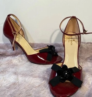 Kate Spade Red Patent Leather Heels open tie ankle strap black flower & bow sz 7 - Image 1 of 4