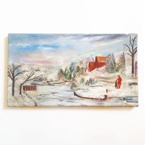 Navidad Abuela Moisés Estilo Granja Invierno Escena Firmado Óleo Lienzo Estirado - Imagen 1 de 10