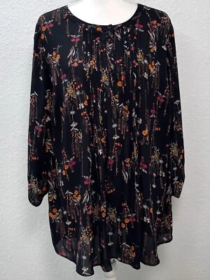 GIBSON LATIMER Mujer 2X Blusa Campesina Floral Negra TÚNICA Roll-Tab Boho Usada en Excelente Condición Foto 1 de 4