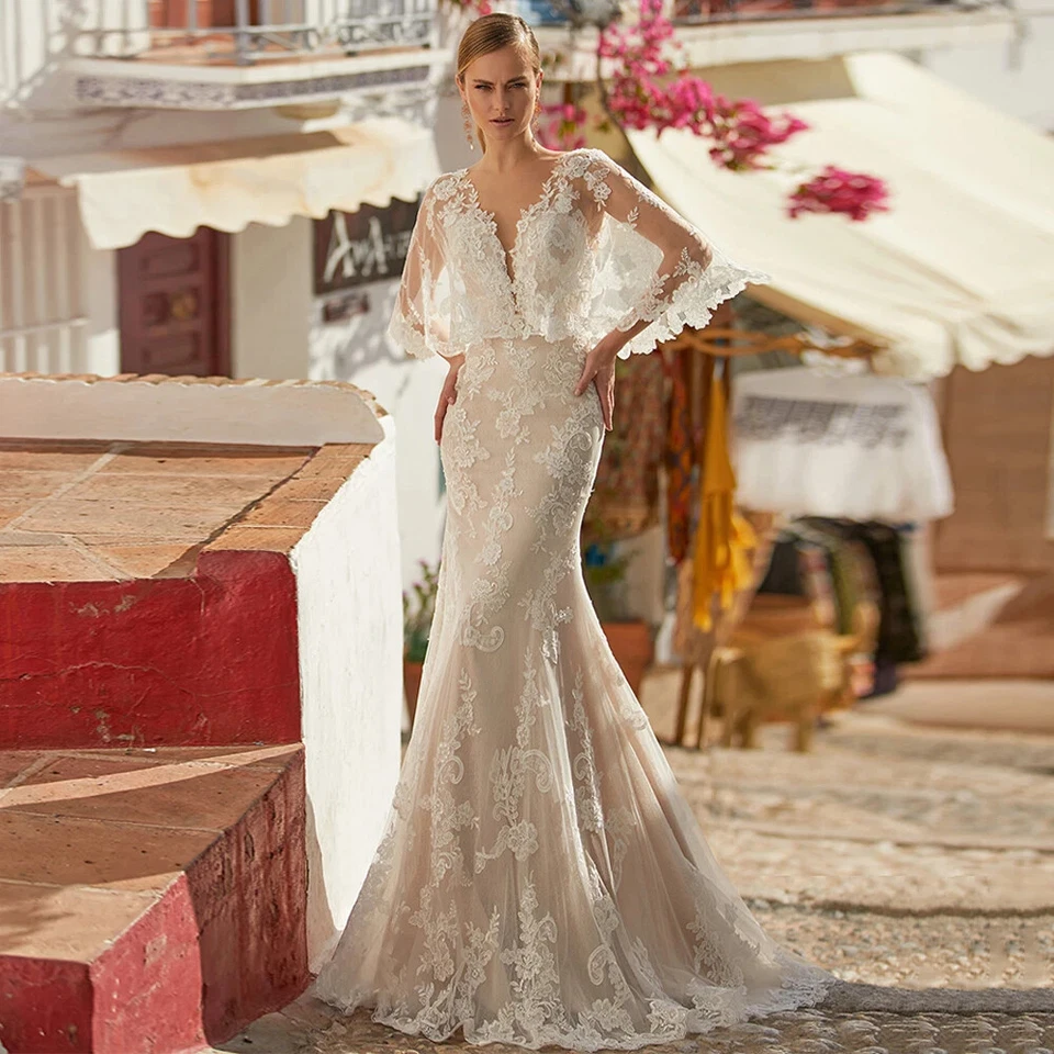 Elegant Batwing Sleeves V Neck Applique Backless Buttons Mermaid Wedding Dress - Image 1 of 4