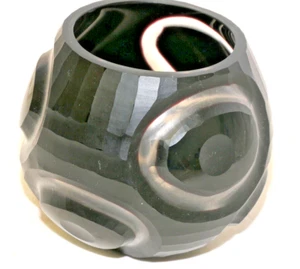Mundgeblasene Vase Klarglas schwarzer Überfang "BUTTATO" Technik Murano Ø 11 cm - Picture 1 of 7