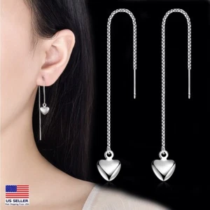 Women 925 Sterling Silver Earrings 3D Solid Heart Tassel Threader Ear Chain 1957 - Picture 1 of 4