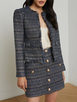 L'agence Womens Fashion Gold Silk Tweed Fringed Short Coat + Skirt Large Size - Image 1 of 4