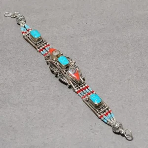 Tibetan Turquoise Red Coral Handmade Bohemian Jewelry Nepali Bracelet 7" SR 3255 - Picture 1 of 7