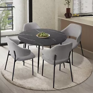 Oikiture 110cm Round Dining Table with 4PCS Dining Chairs Linen Grey - Picture 1 of 10