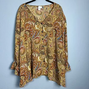 Cato Fashions Paisley Print Lightweight Ruffle Bell SL Button Up Blouse 26/28W - Picture 1 of 11