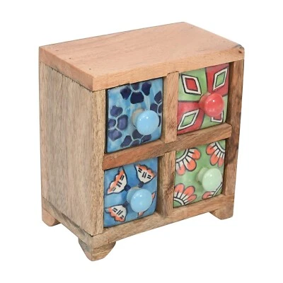 Hand-Crafted Wooden Box with Ceramic Drawers for Table Top Decorative Item - Image 1 of 4